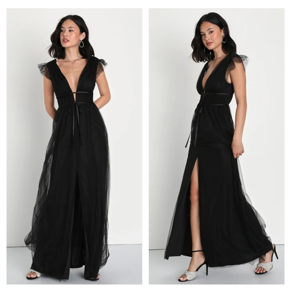 Lulu's Black Tulle Maxi Dress with Deep V & Open Back - Picture 2 of 7